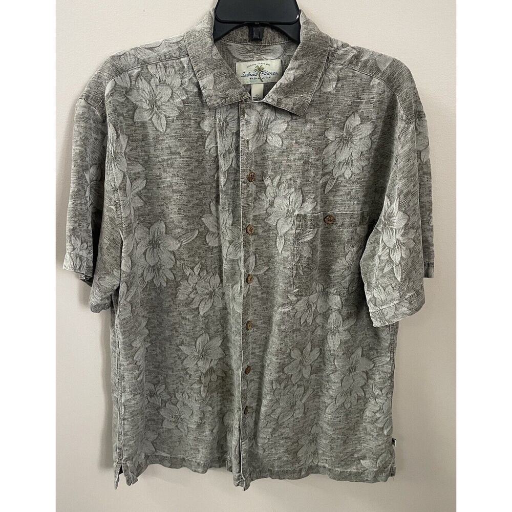 Island Shores Mens‎ Washable Silk Hawaiian Shirt Button Up Floral Large Gray